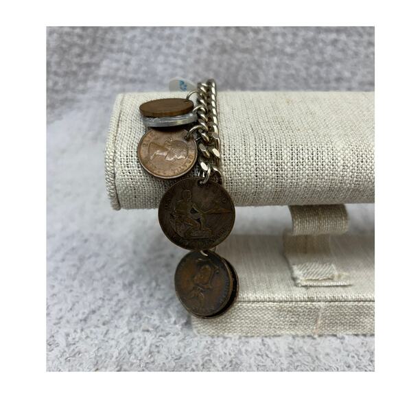 Vintage Multi National Coin Silver Tone Bracelet 6.75" #65108 - Picture 1 of 6